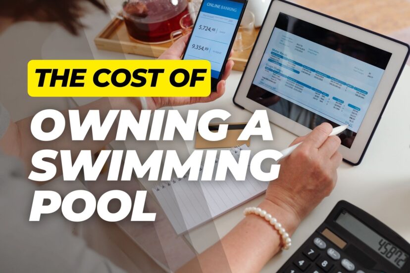 Woman at a desk calculating finances using a computer, calculator, and smartphone with bold overlay text about pool ownership costs.