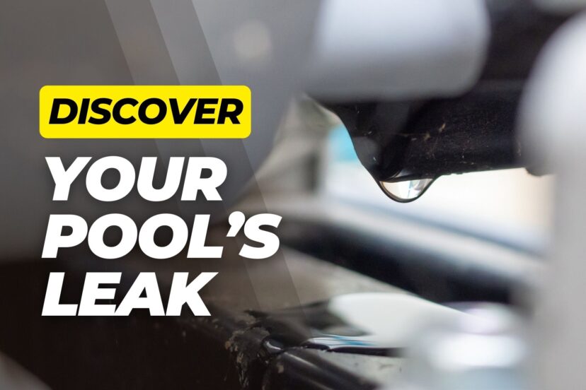Extreme close-up of a leak dripping from a pool pipe fitting with bold overlay text about discovering pool leaks.