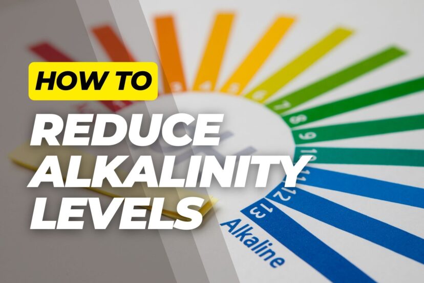 Colorful pH level chart ranging from red to blue, showing acidity to alkalinity, with bold overlay text about lowering alkalinity.