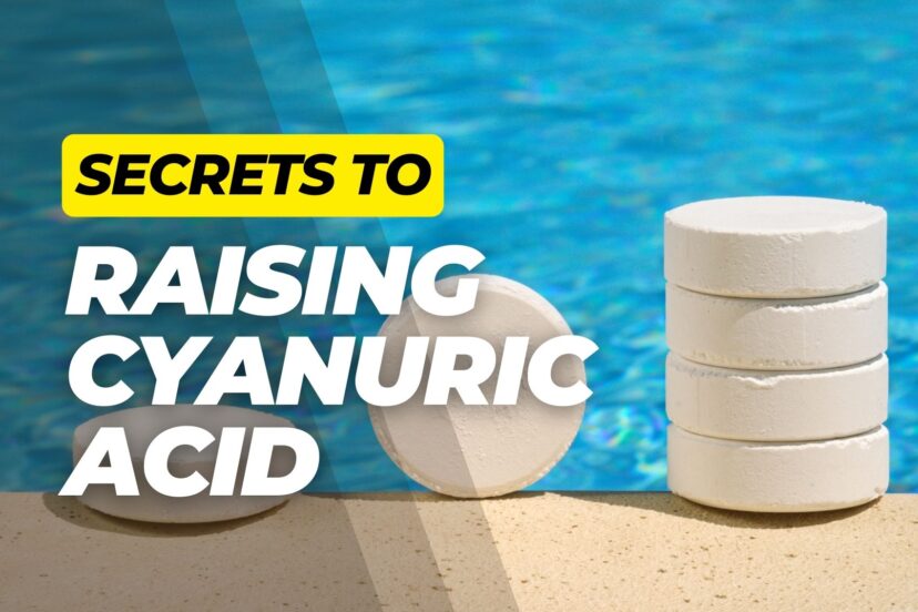Close-up of a stack of cyanuric acid stabilizer tablets on the edge of a swimming pool with bold overlay text.