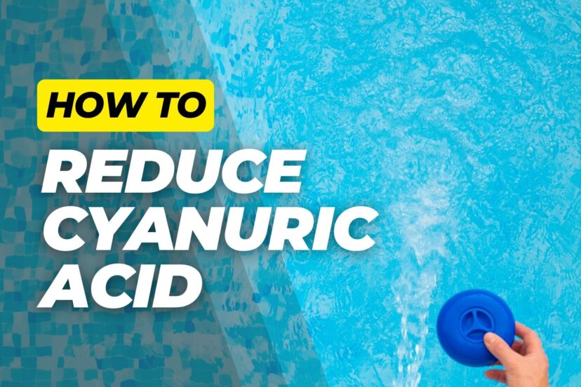 Hand dropping a chemical dispenser into blue swimming pool water with bold overlay text about reducing cyanuric acid.