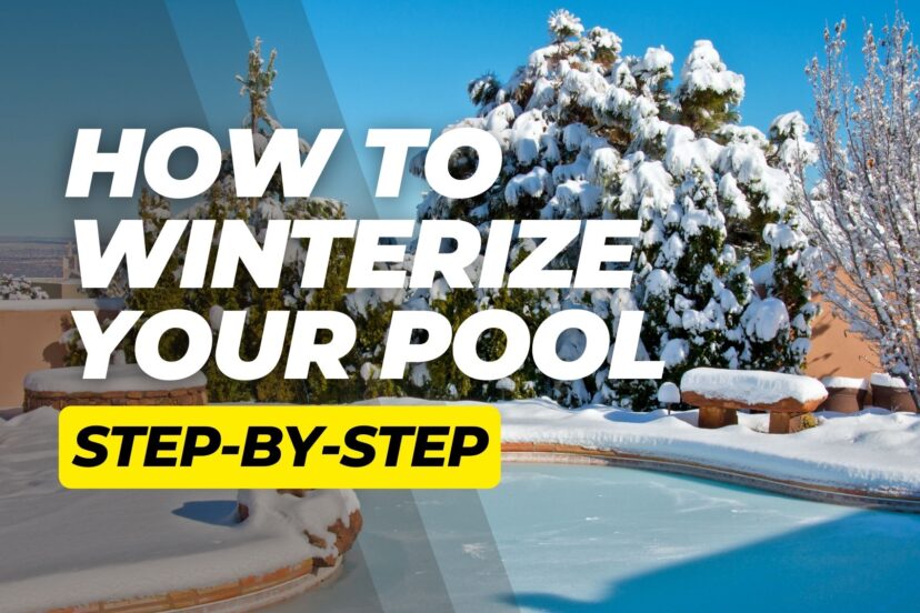 Frozen backyard swimming pool in a snowy winter setting with bold overlay text about winterizing a pool.