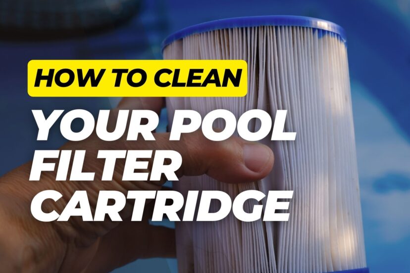 Man’s hand holding a used white pool filter cartridge against a blue background with bold overlay text.
