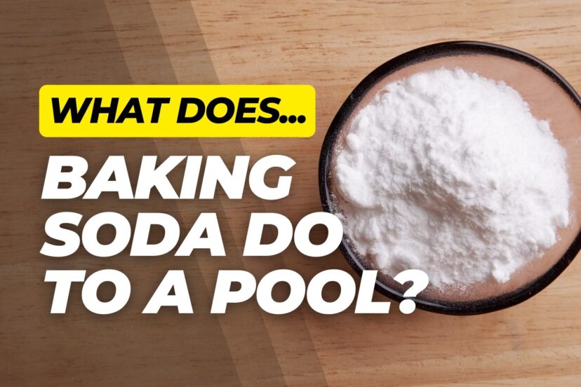 Bird’s eye view of a glass bowl filled with baking soda on a wooden table, with bold overlay text about pool care.