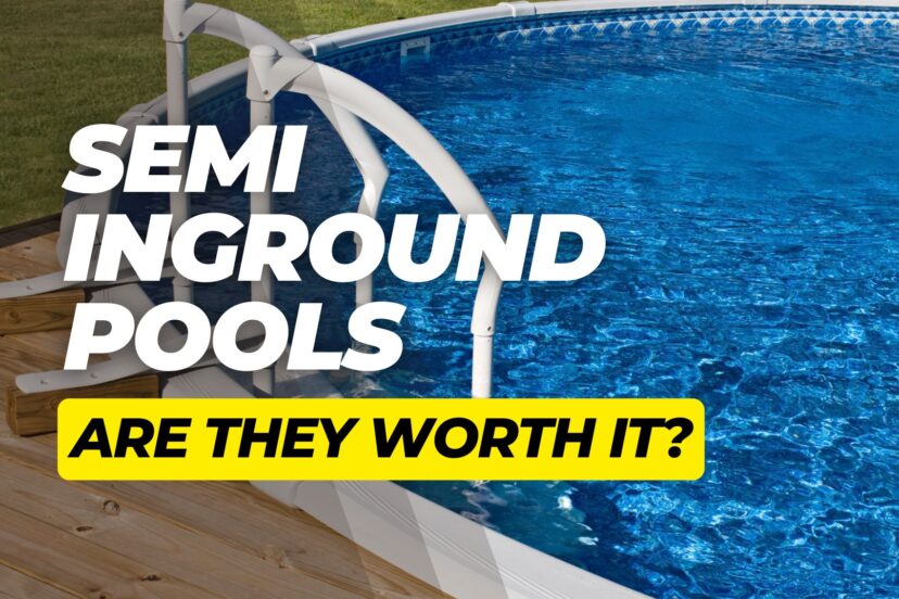Featured image of a semi inground pool filled with water in a backyard, with bold overlay text.