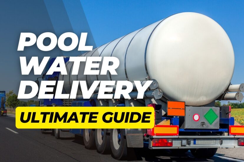 Large pool water delivery tanker truck driving on the road with bold overlay text about pool water delivery.