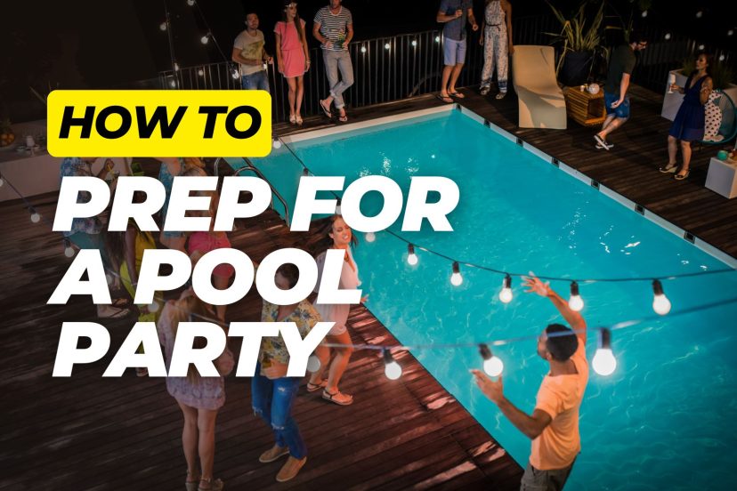 Swimming pool at night with people enjoying a pool party under party lights, with bold text overlay reading “How to Prep for a Pool Party”.