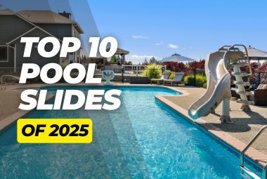 Backyard swimming pool with a large pool slide and overlay text “TOP 10 POOL SLIDES OF 2025”