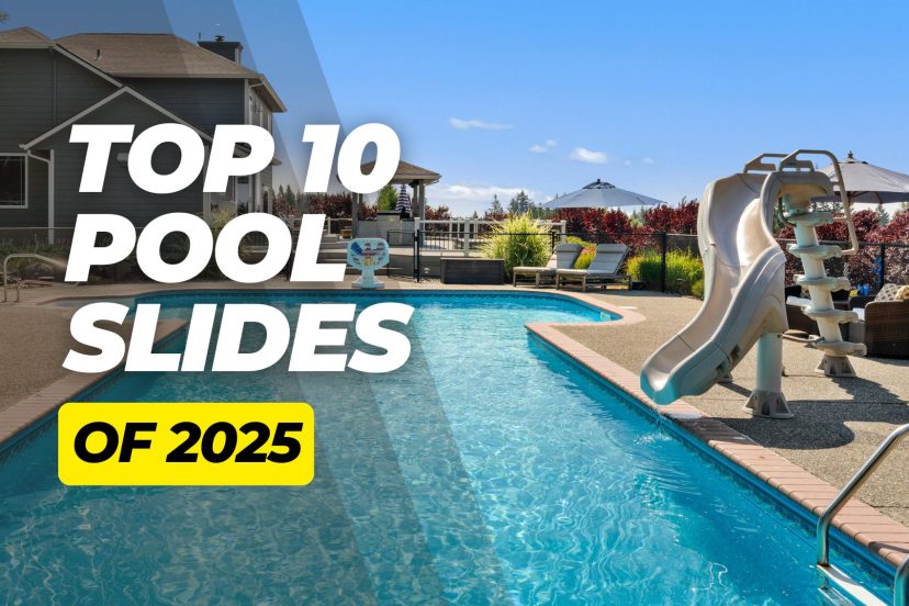 Backyard swimming pool with a large pool slide and overlay text “TOP 10 POOL SLIDES OF 2025”