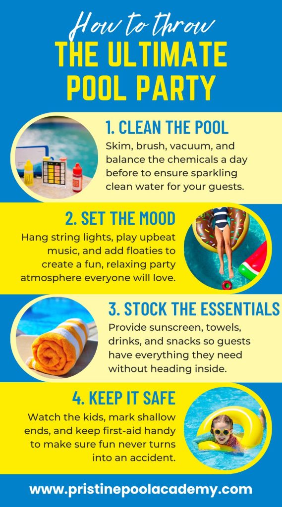 Blue and yellow Pinterest-style infographic titled “How to Throw the Ultimate Pool Party” with 4 illustrated prep steps.
