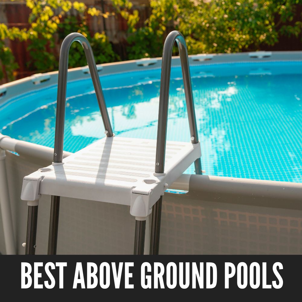 An above ground pool in a backyard, filled with water and pool ladder in the foreground.